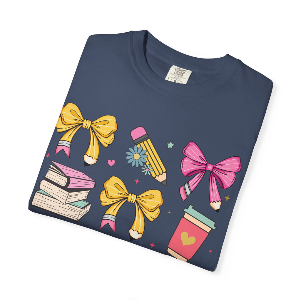 Teacher Gift T-Shirt — Cute Bows, Apple & School Icons Design