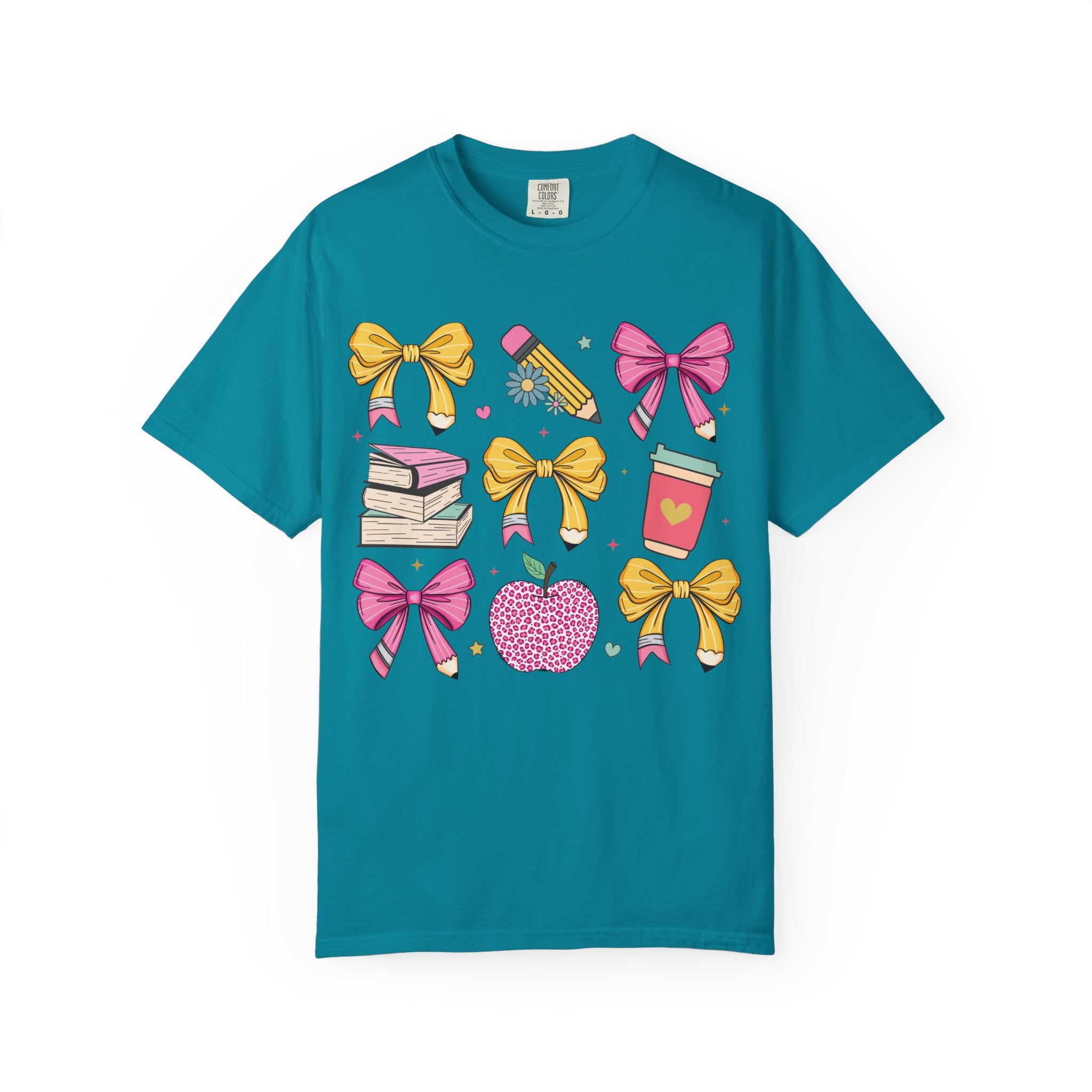 Teacher Gift T-Shirt — Cute Bows, Apple & School Icons Design