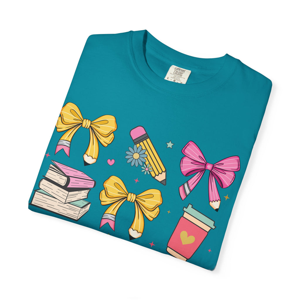 Teacher Gift T-Shirt — Cute Bows, Apple & School Icons Design