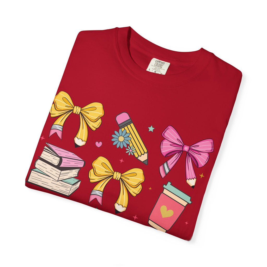 Teacher Gift T-Shirt — Cute Bows, Apple & School Icons Design