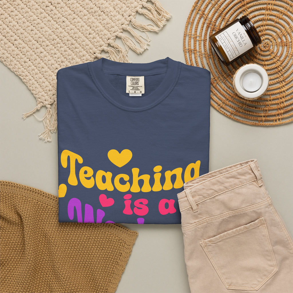 Teacher T-Shirt — "Teaching Is a Work of Heart" Retro Heart Graphic