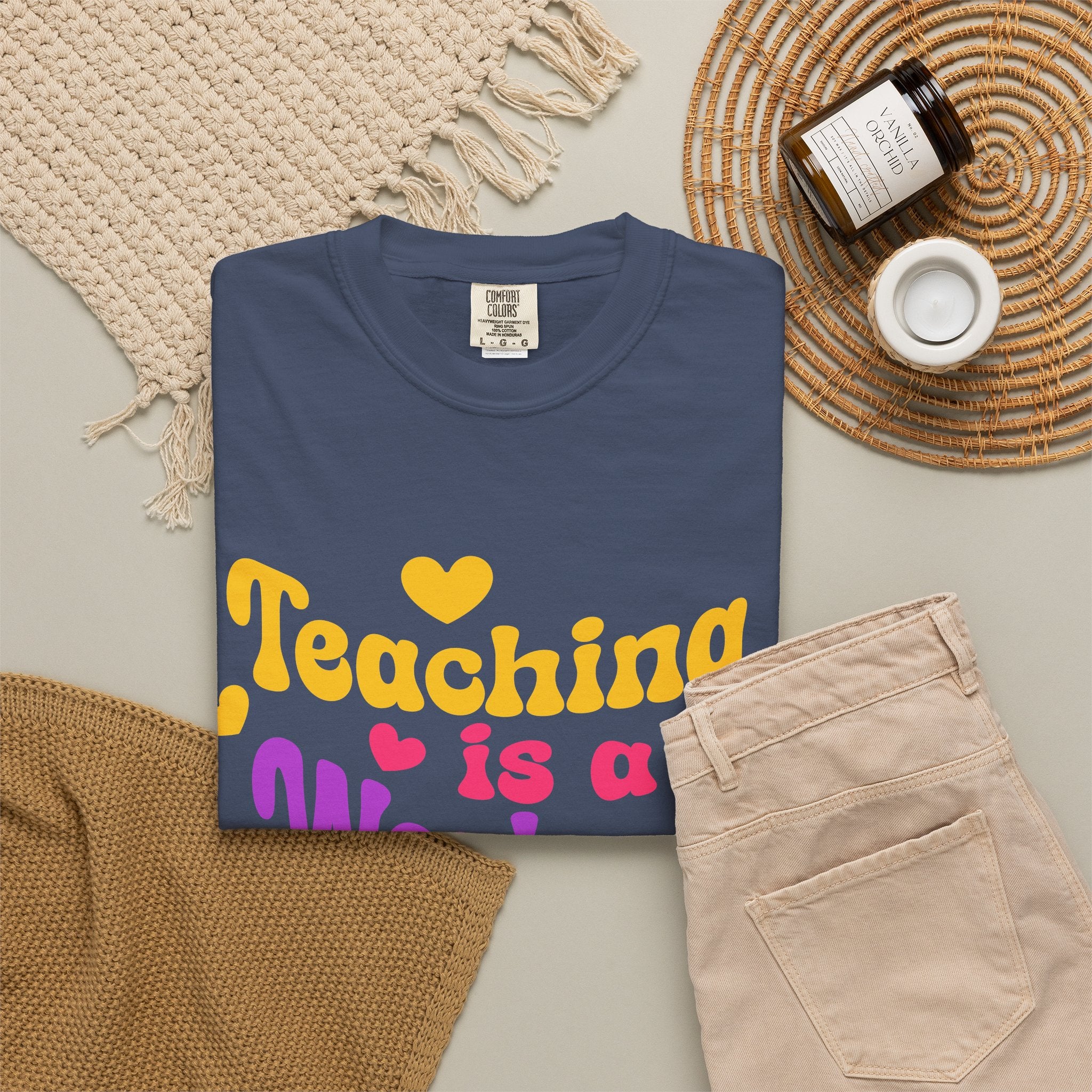 Teacher T-Shirt — "Teaching Is a Work of Heart" Retro Heart Graphic