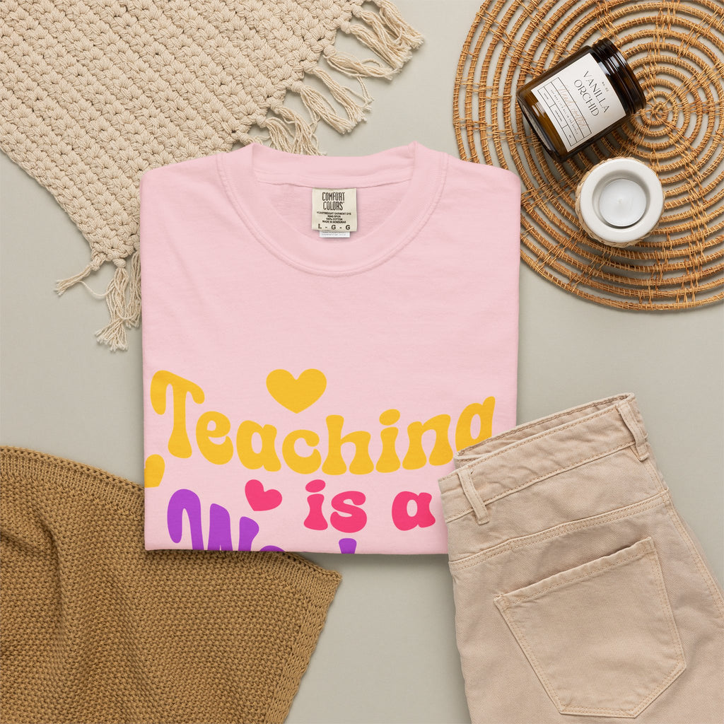 Teacher T-Shirt — "Teaching Is a Work of Heart" Retro Heart Graphic