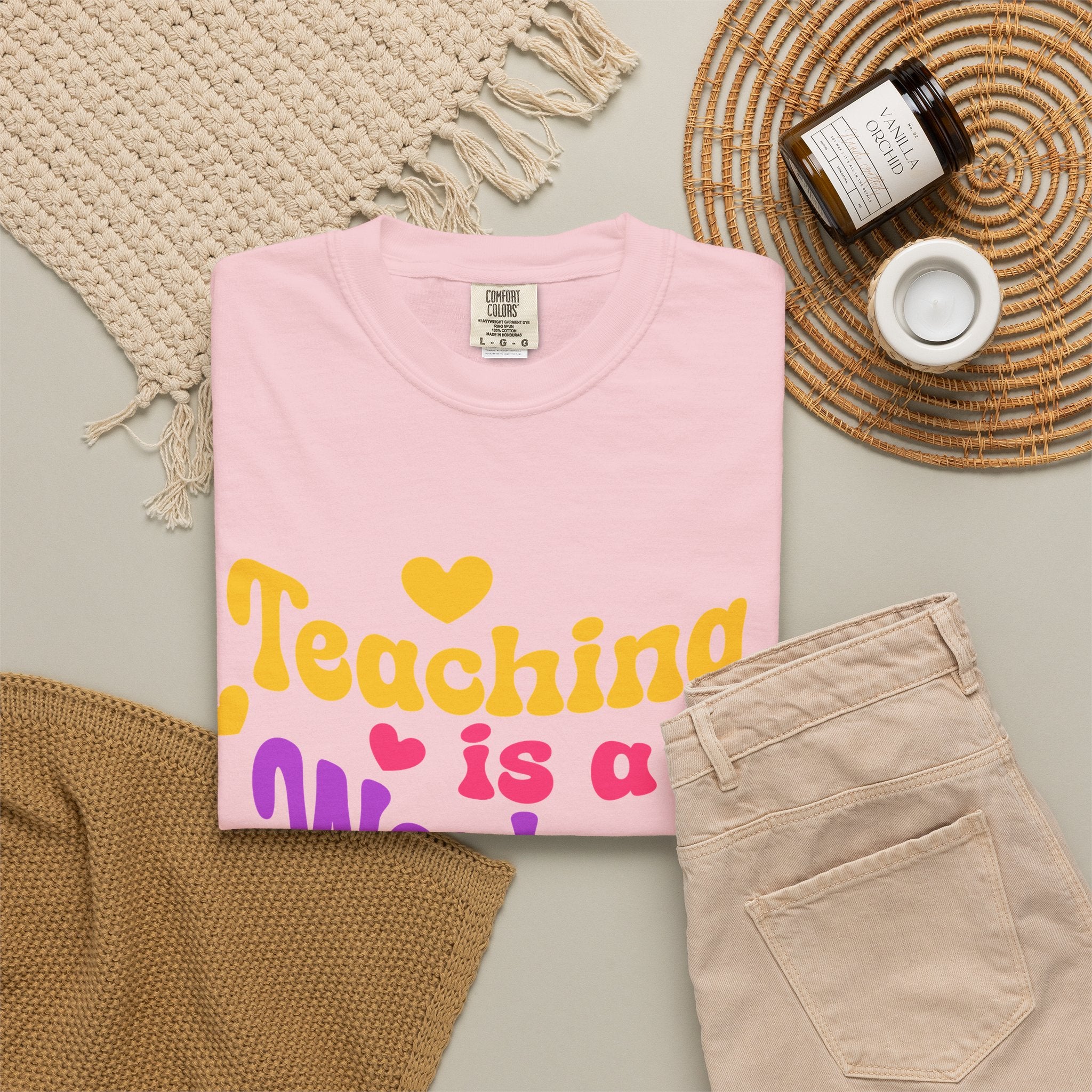 Teacher T-Shirt — "Teaching Is a Work of Heart" Retro Heart Graphic