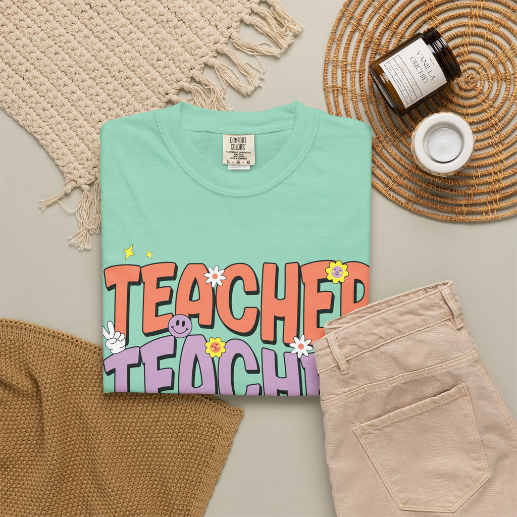 Teacher Retro Bubble Letter T-Shirt — Colorful Fun School Gift