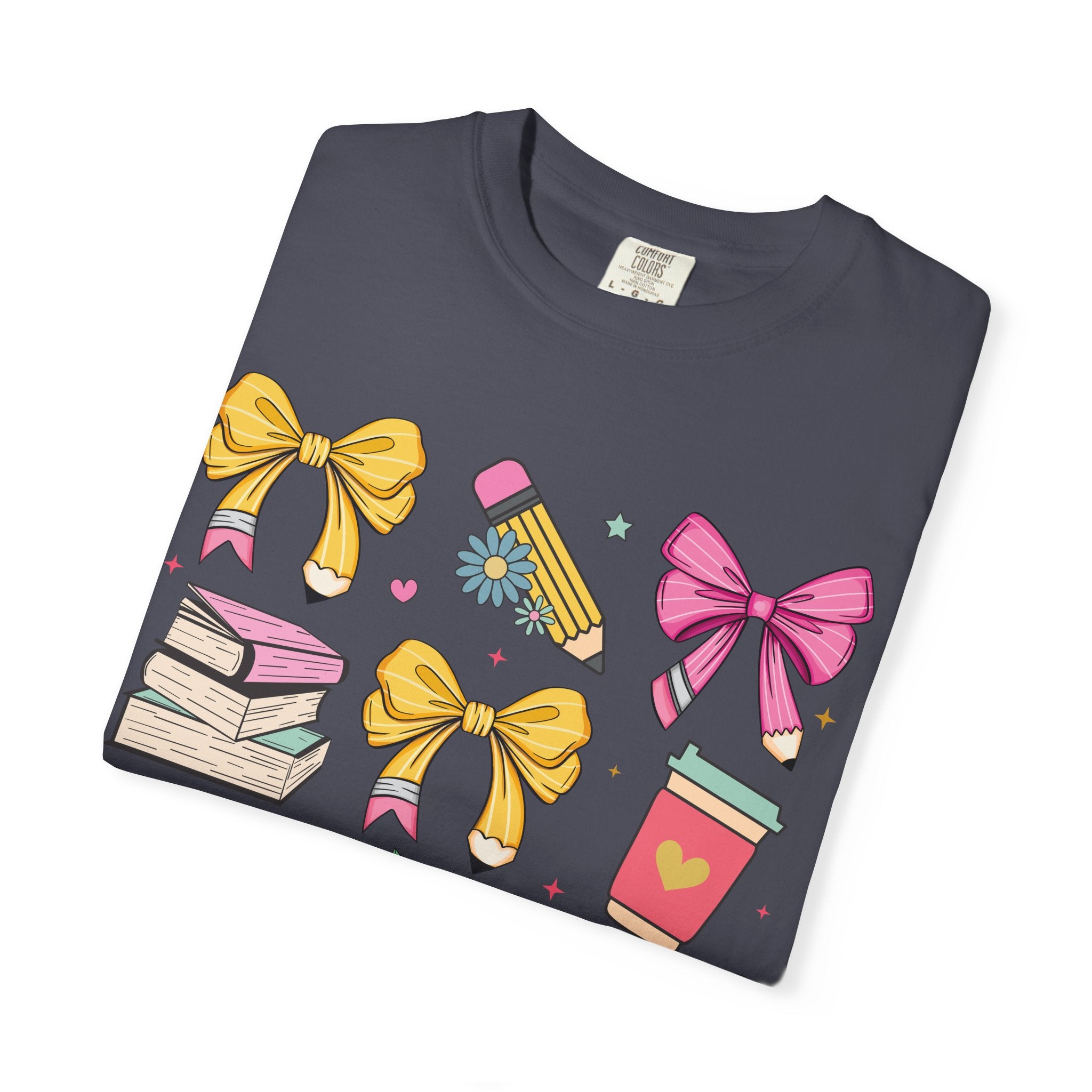 Teacher Gift T-Shirt — Cute Bows, Apple & School Icons Design