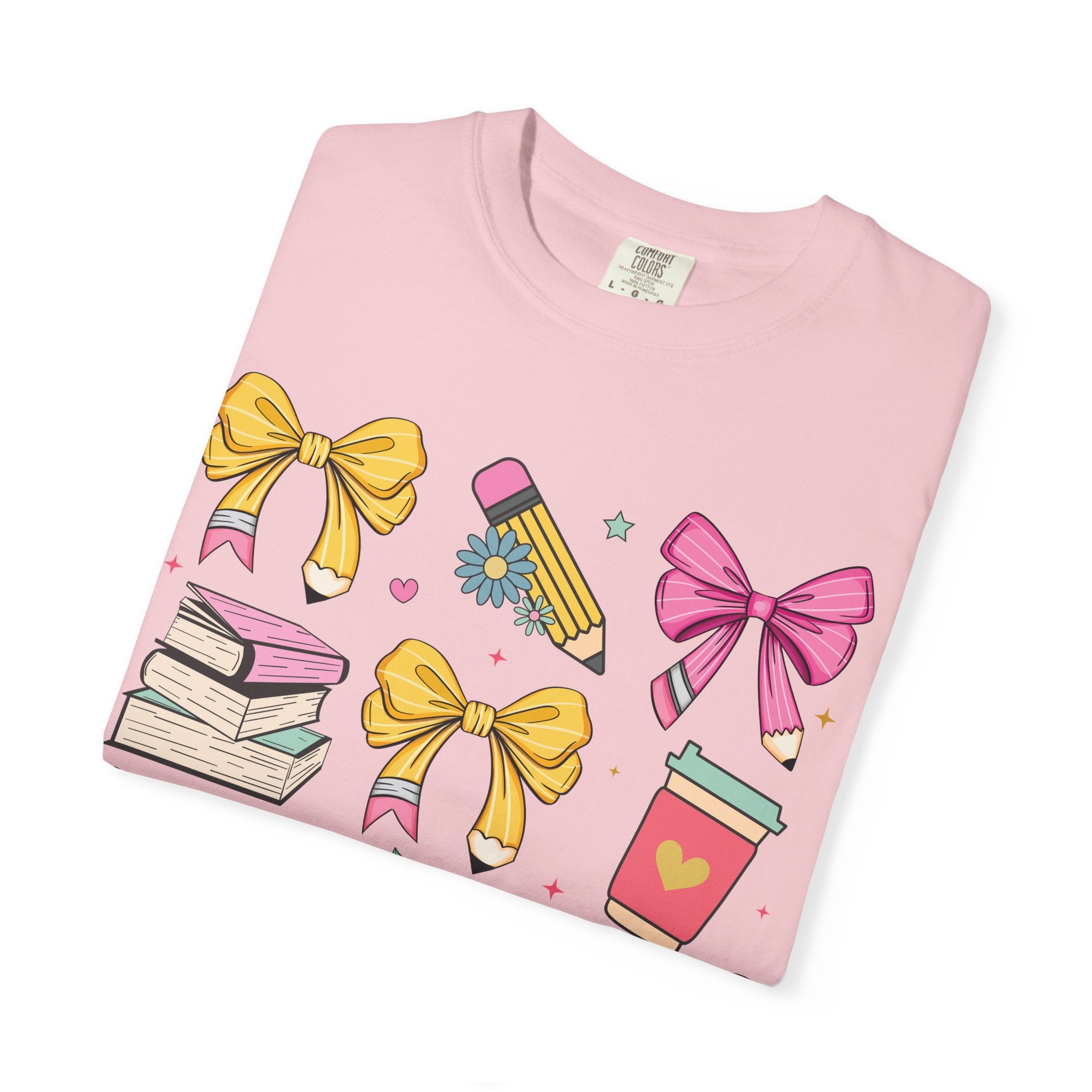 Teacher Gift T-Shirt — Cute Bows, Apple & School Icons Design