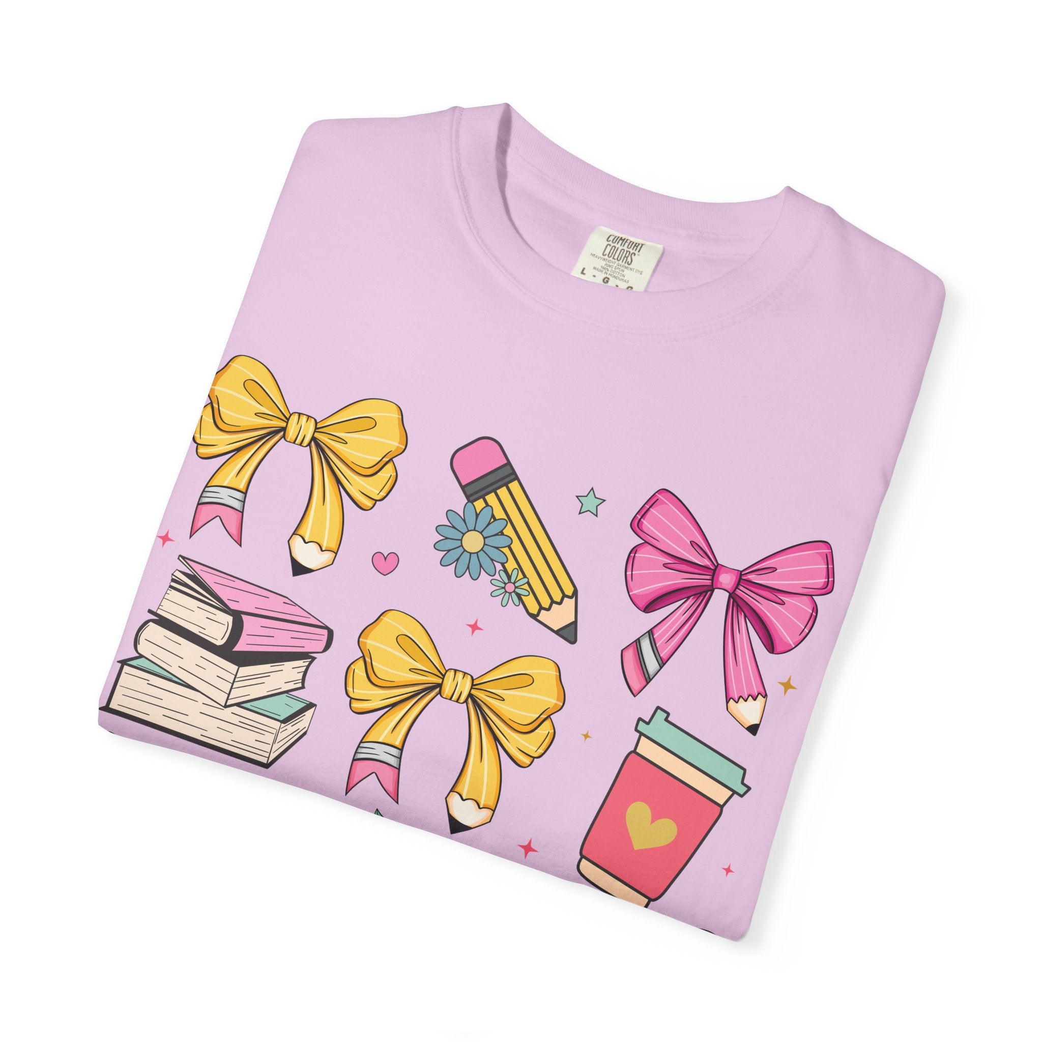 Teacher Gift T-Shirt — Cute Bows, Apple & School Icons Design