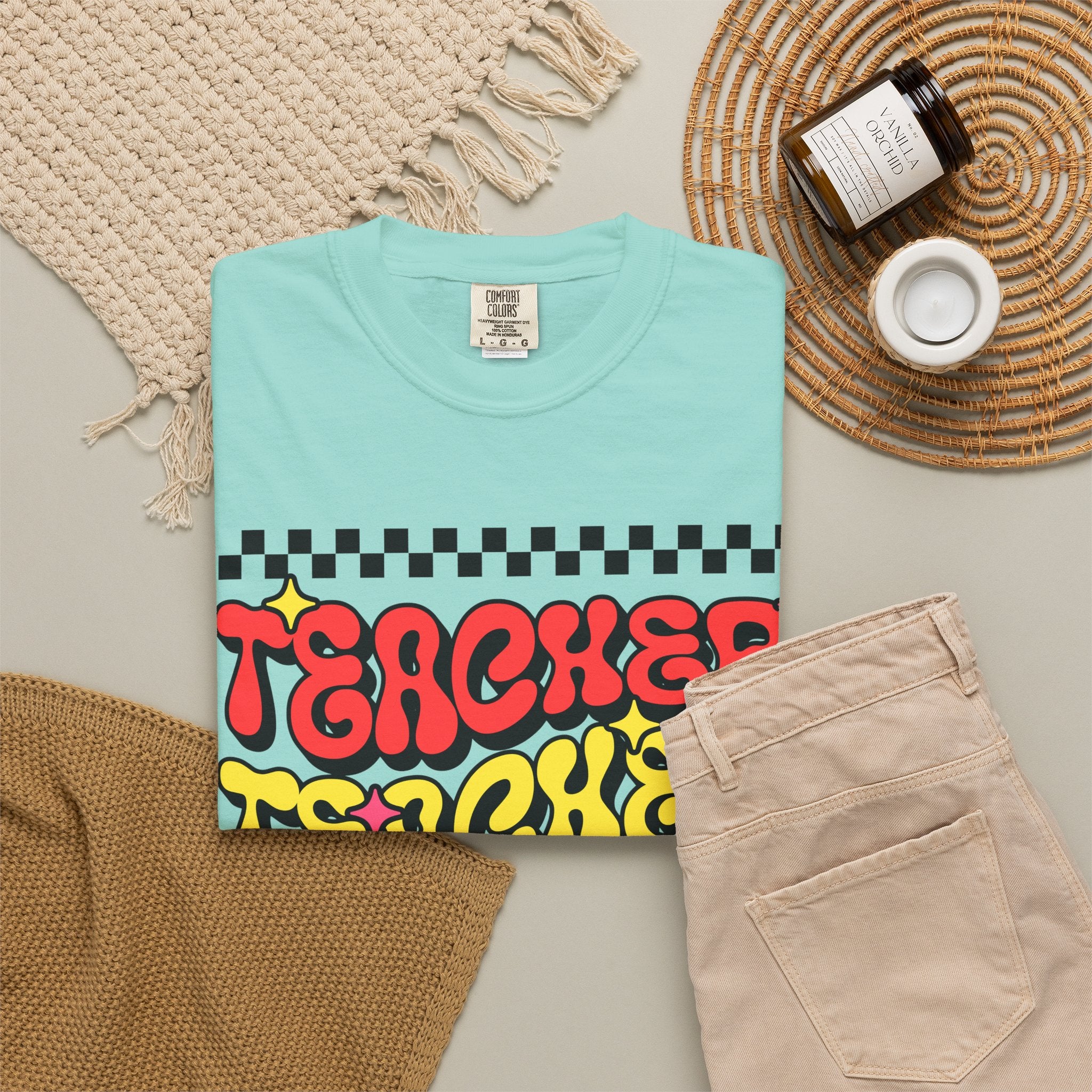 Teacher Retro Graphic T-Shirt — Psychedelic Checkerboard Design