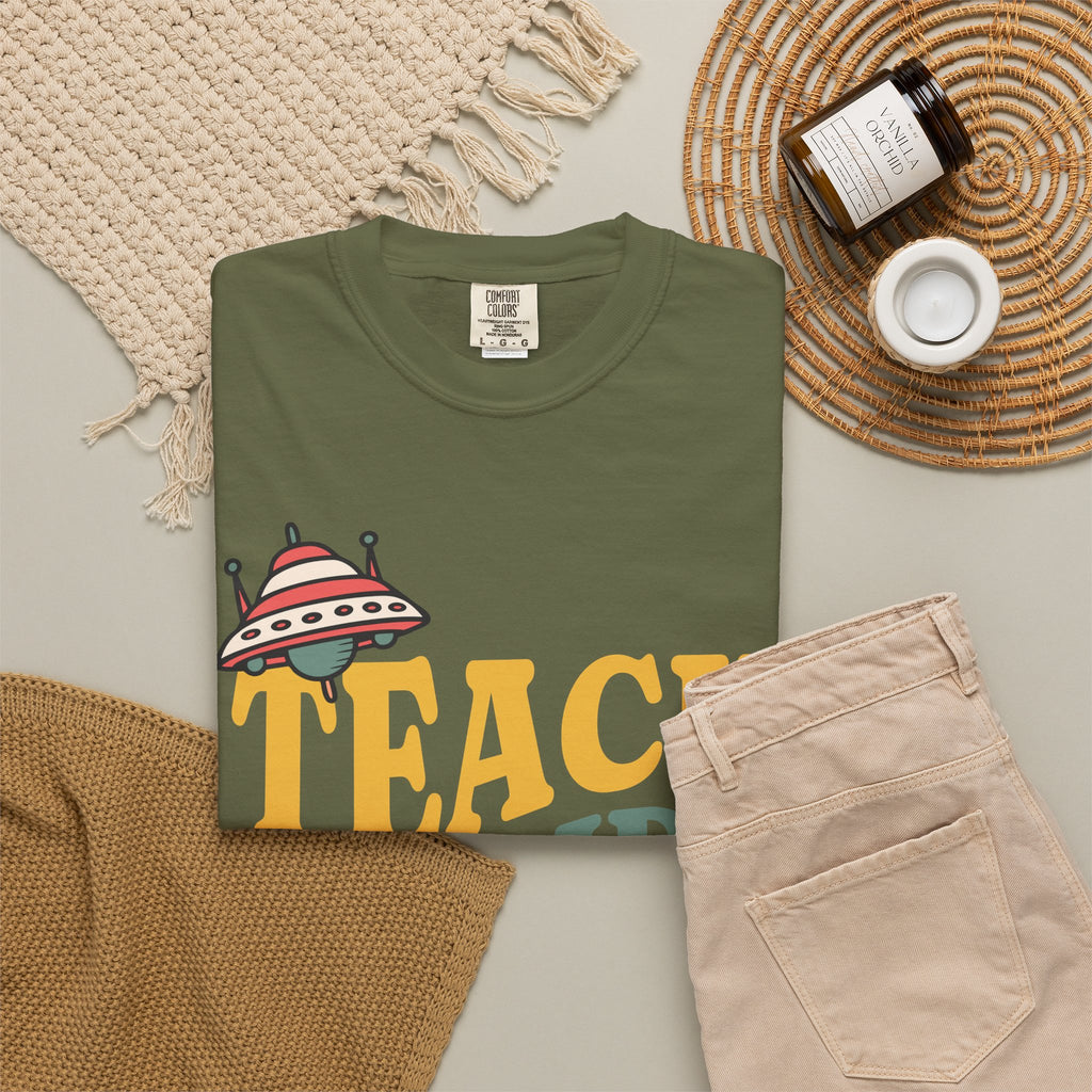 Teach Inspire Repeat T-Shirt — Retro Teacher Tee with Space Icons