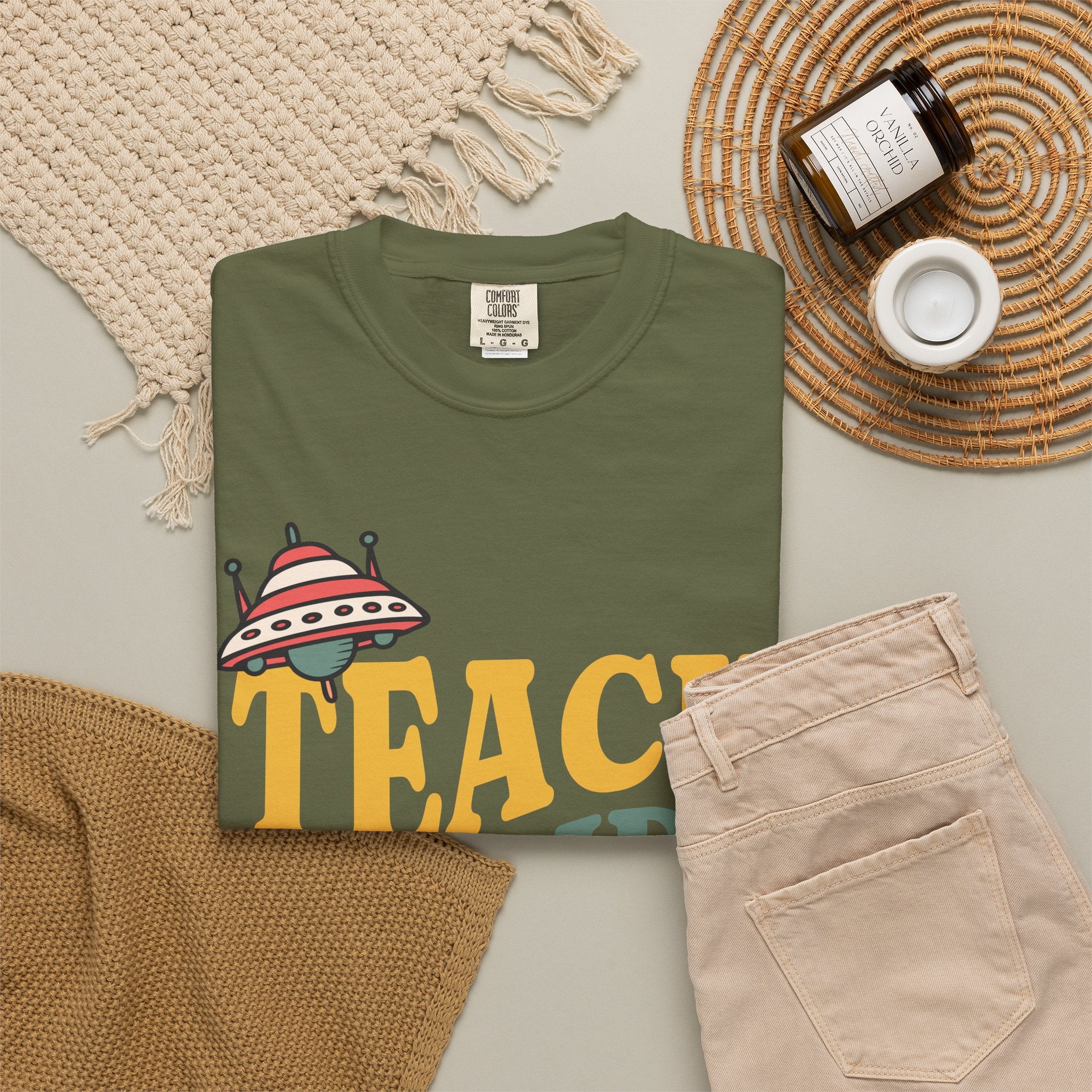 Teach Inspire Repeat T-Shirt — Retro Teacher Tee with Space Icons