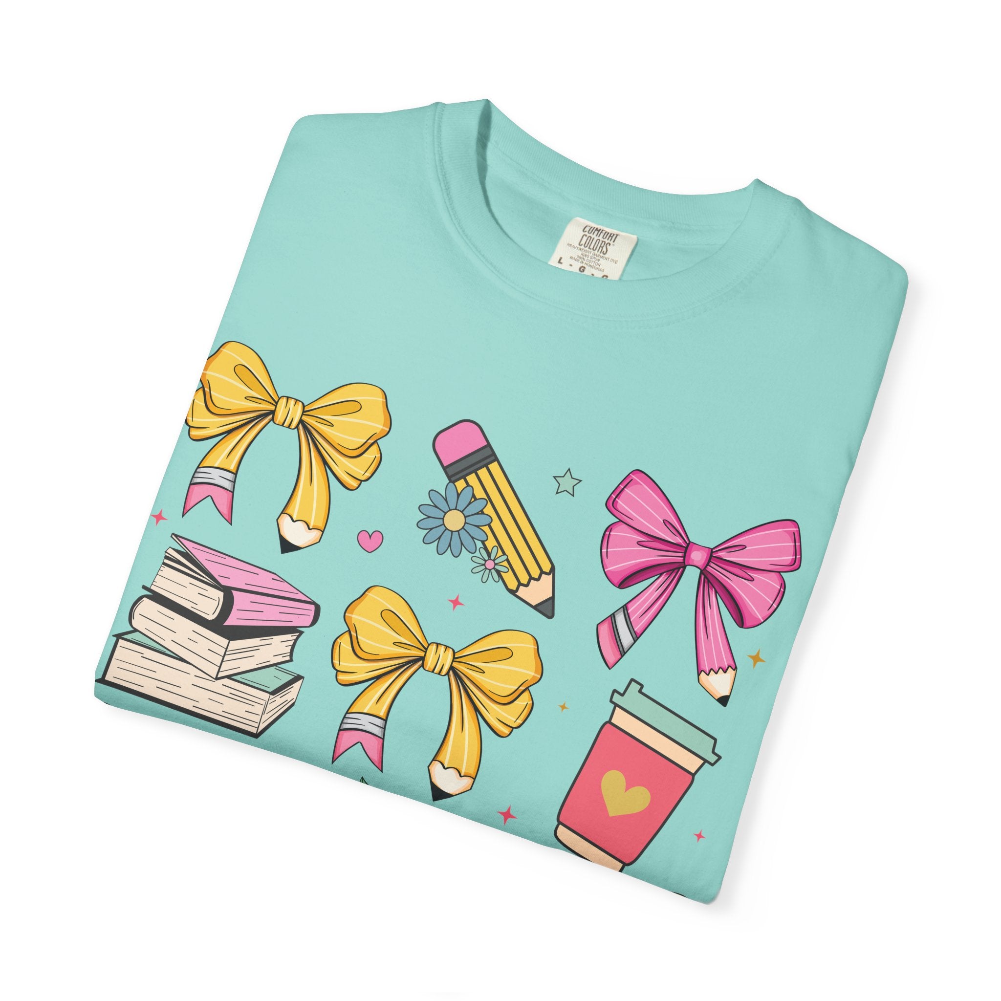 Teacher Gift T-Shirt — Cute Bows, Apple & School Icons Design