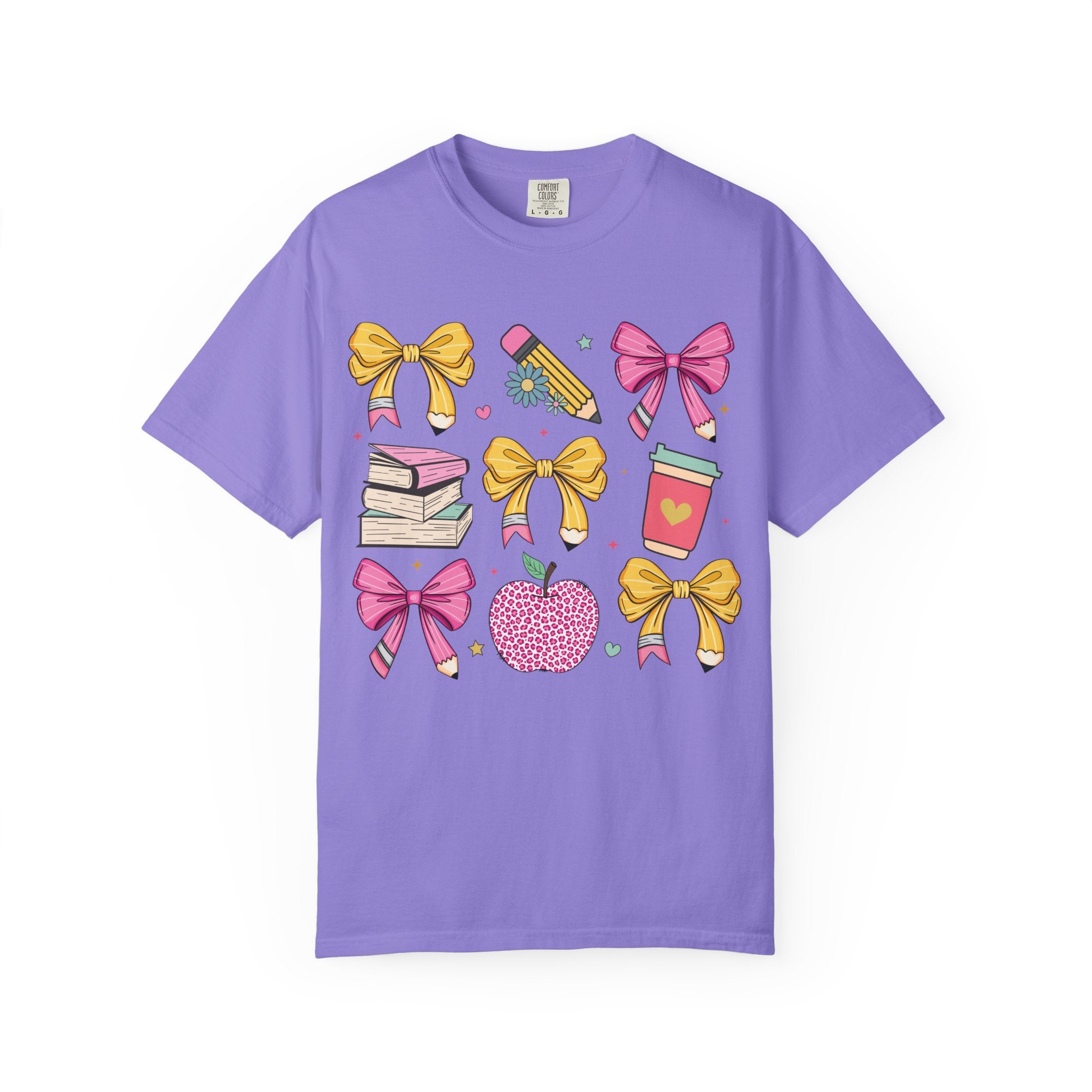 Teacher Gift T-Shirt — Cute Bows, Apple & School Icons Design