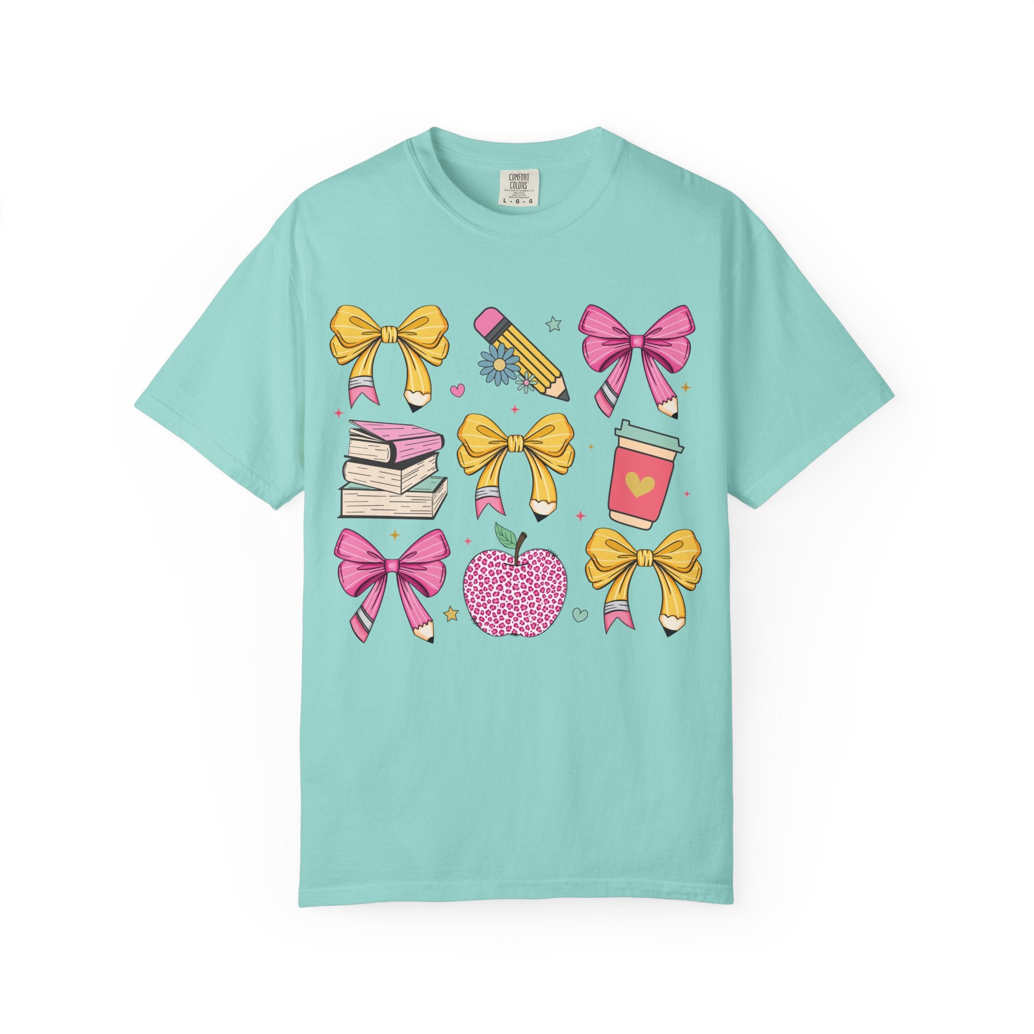 Teacher Gift T-Shirt — Cute Bows, Apple & School Icons Design