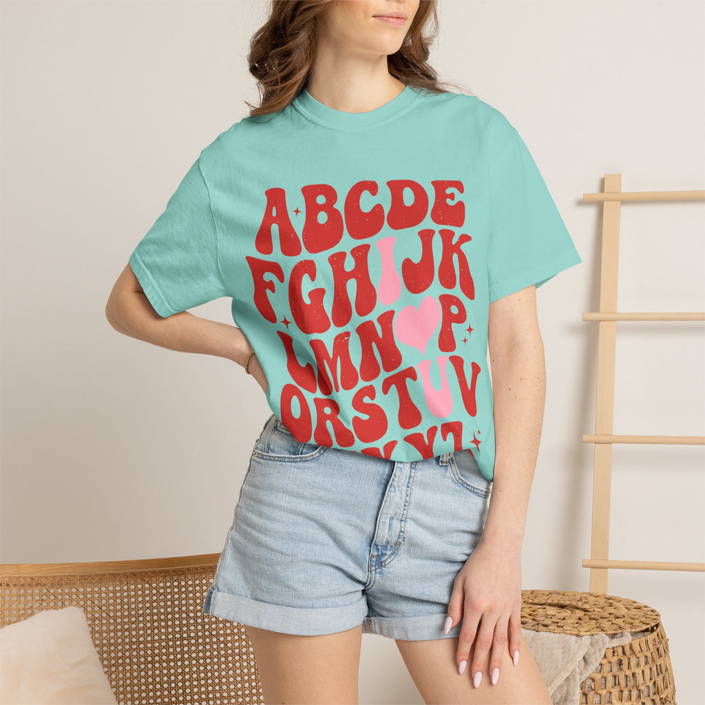 Retro Alphabet Heart T-Shirt — Funky Vintage ABC Graphic Tee