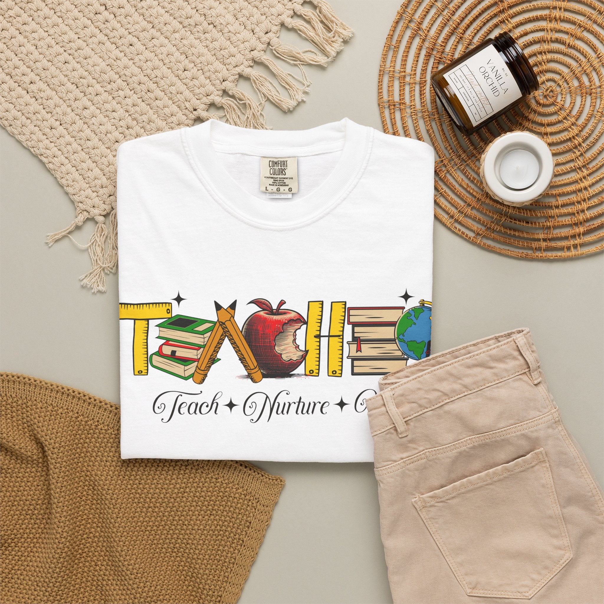 Teacher Graphic T-Shirt – "Teach, Coach, Nurture, Inspire" School Apple & Globe Design