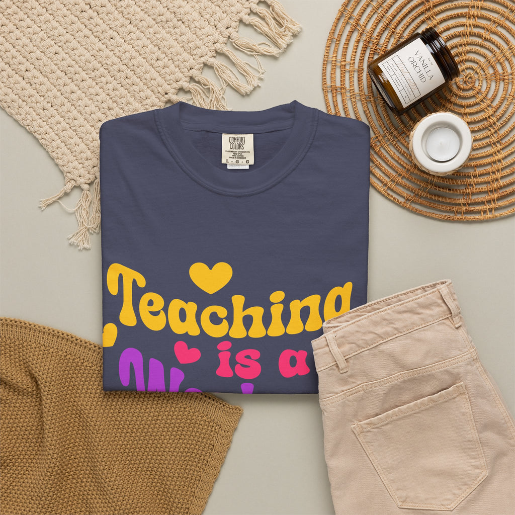 Teacher T-Shirt — "Teaching Is a Work of Heart" Retro Heart Graphic