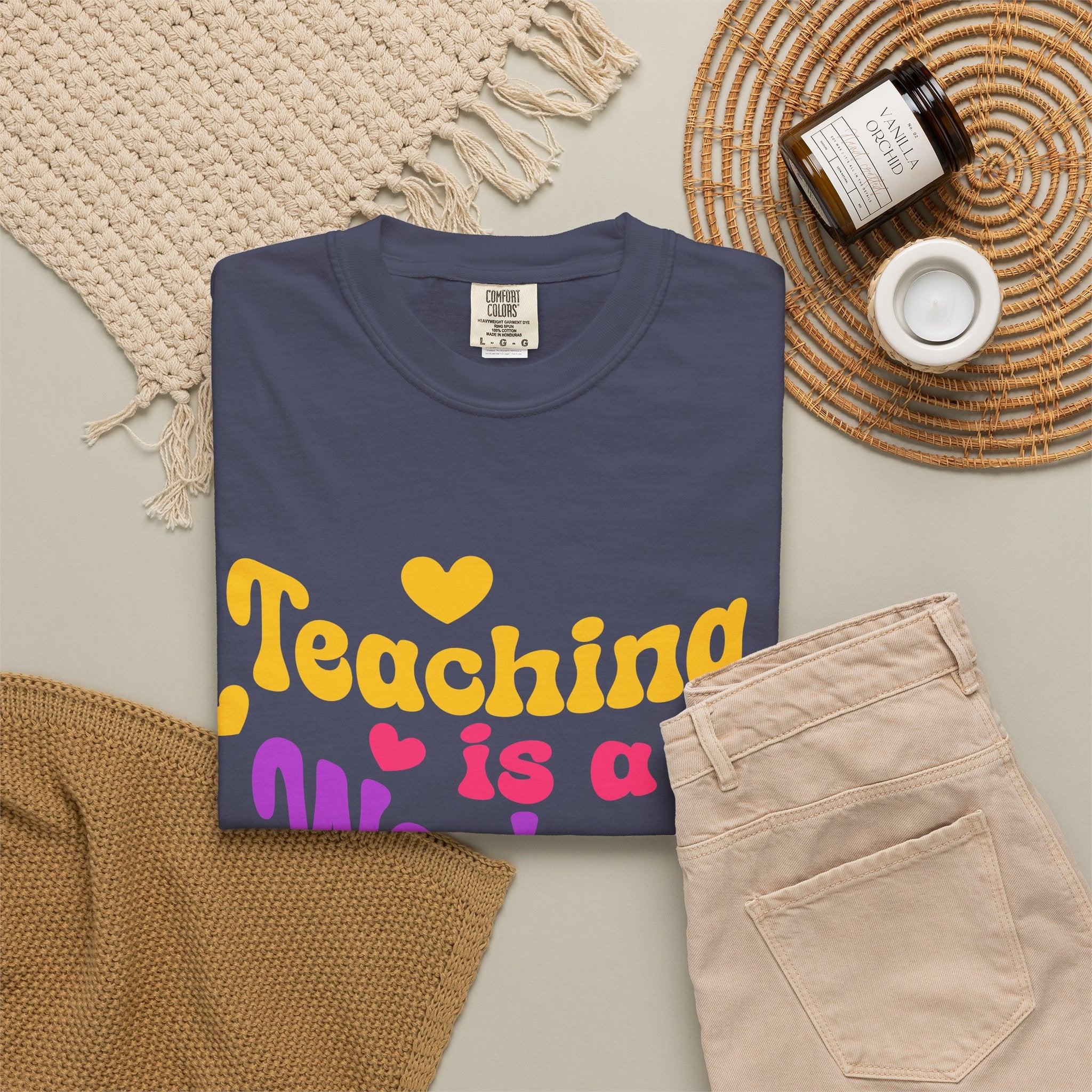 Teacher T-Shirt — "Teaching Is a Work of Heart" Retro Heart Graphic