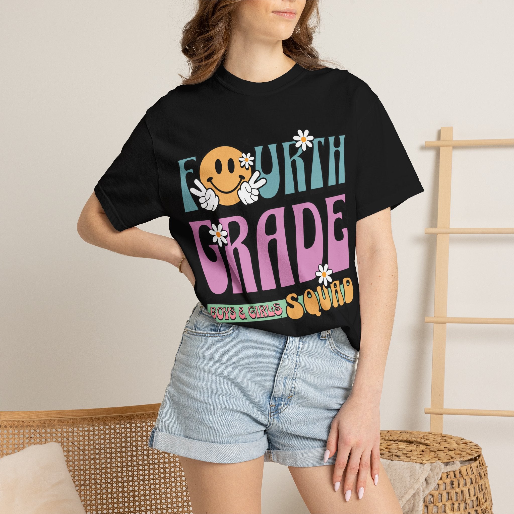Fourth Grade Squad T-Shirt — Retro Smiley Daisy Back-to-School Tee