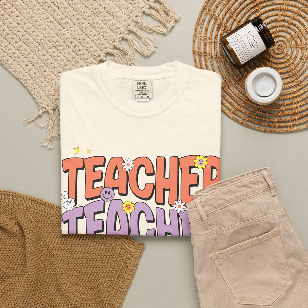 Teacher Retro Bubble Letter T-Shirt — Colorful Fun School Gift