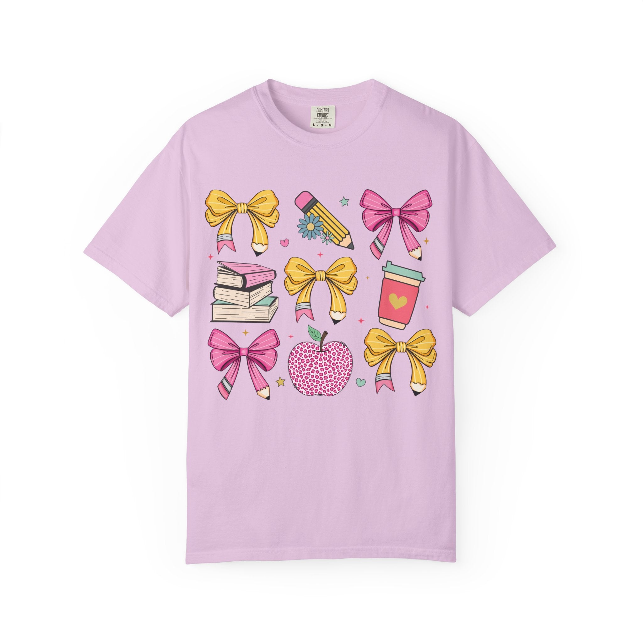 Teacher Gift T-Shirt — Cute Bows, Apple & School Icons Design