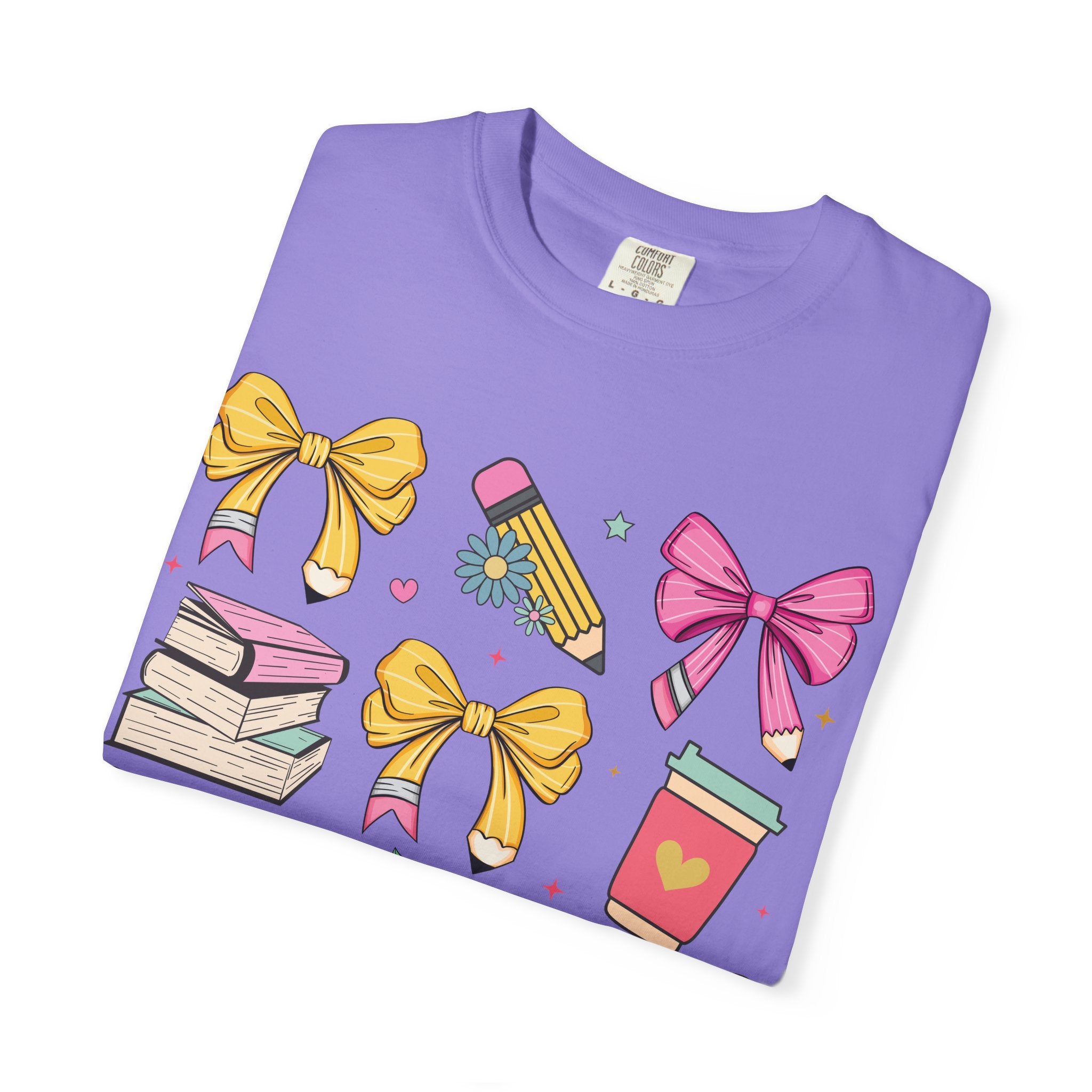 Teacher Gift T-Shirt — Cute Bows, Apple & School Icons Design