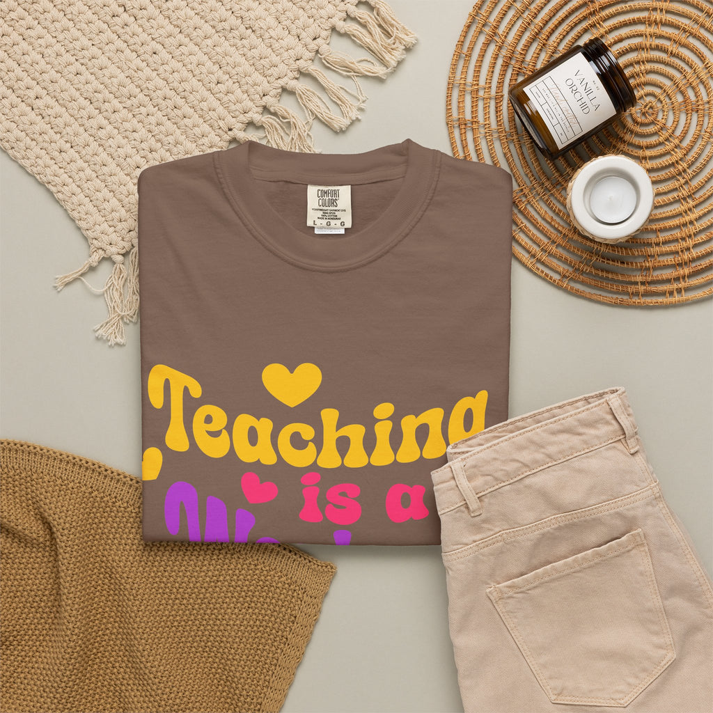 Teacher T-Shirt — "Teaching Is a Work of Heart" Retro Heart Graphic