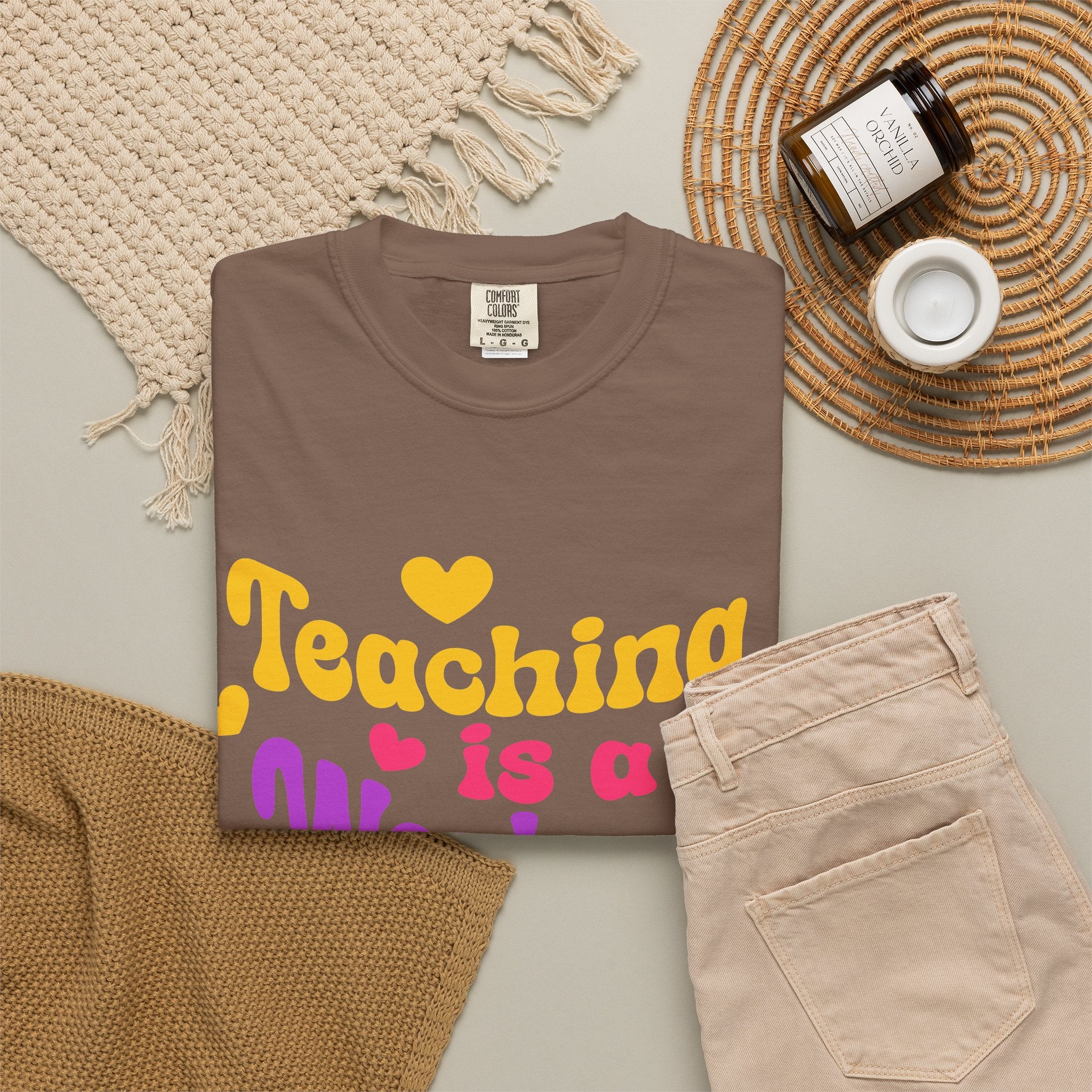 Teacher T-Shirt — "Teaching Is a Work of Heart" Retro Heart Graphic