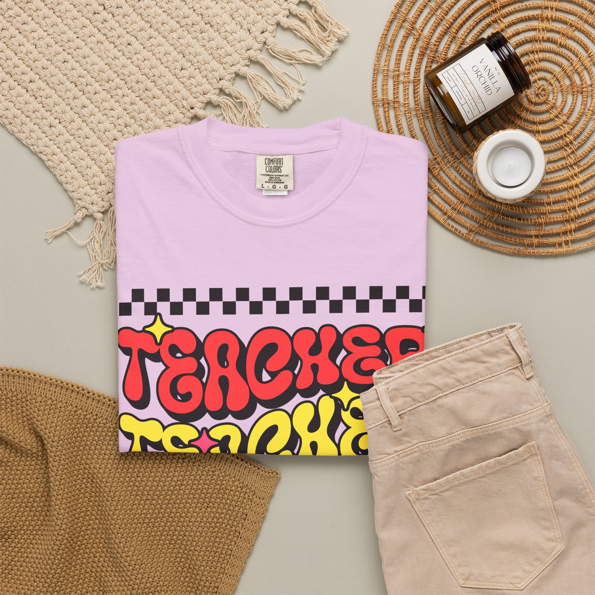 Teacher Retro Graphic T-Shirt — Psychedelic Checkerboard Design