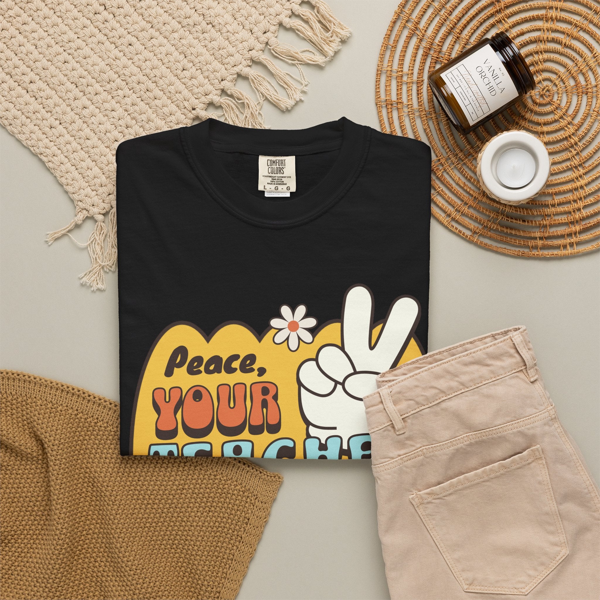 Peace, Your Teacher Is Here T-Shirt — Retro Peace Sign Teacher Appreciation Tee