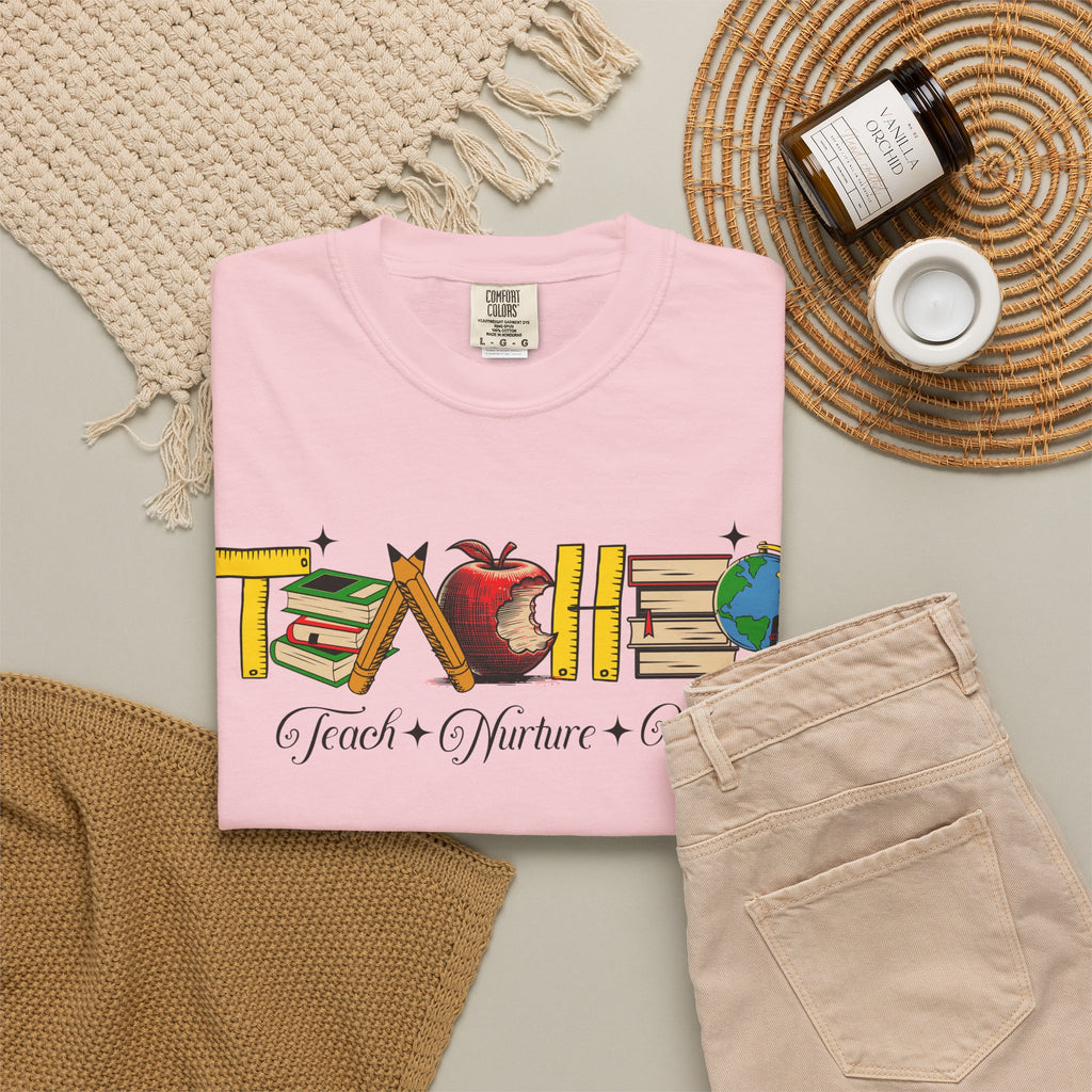 Teacher Graphic T-Shirt – "Teach, Coach, Nurture, Inspire" School Apple & Globe Design